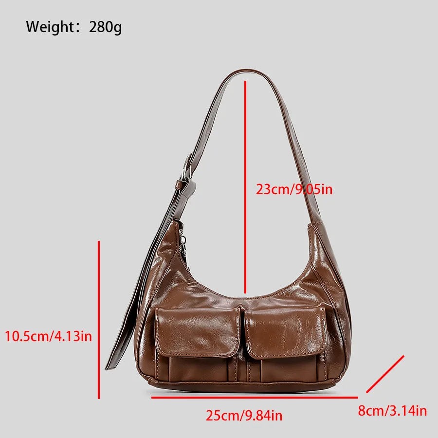 Femlion Vintage Multi-Pocket Motorcycle Bag for Women - Retro Oil Wax Pu Leather Handbag