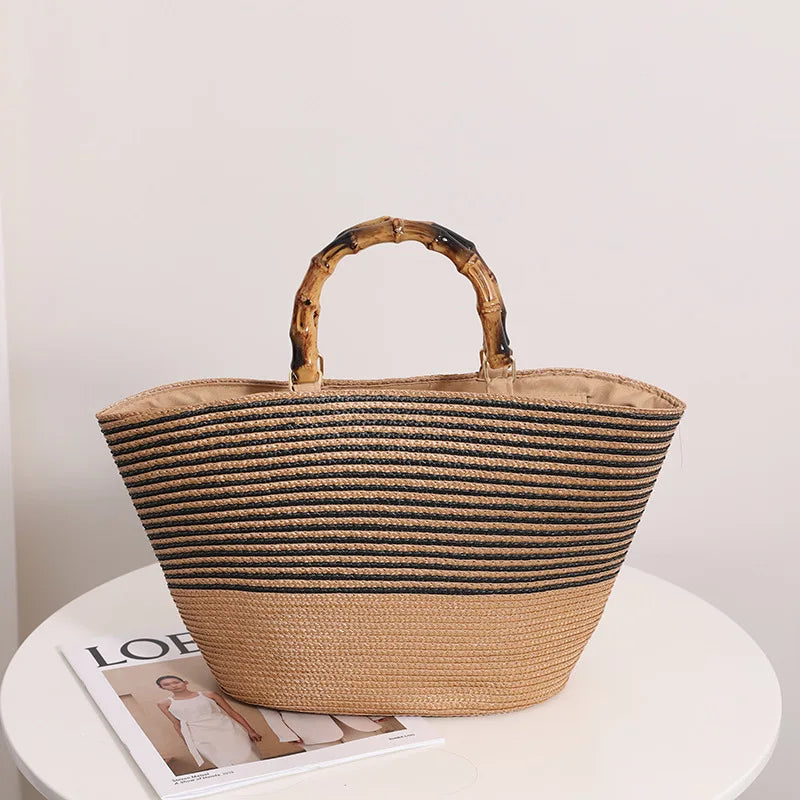 Femlion Striped Straw Woven Handbag - Large Capacity Bamboo French Retro Basket Bag