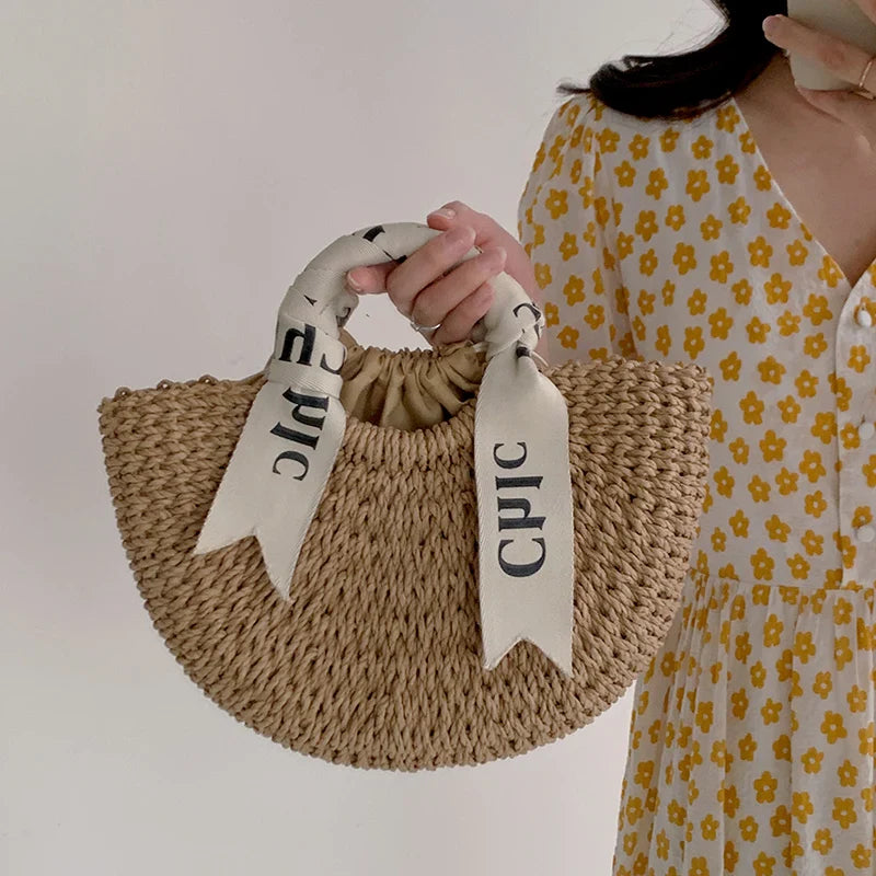 Femlion Straw Bag: Woven Silk Scarf Beach Vacation Rattan Bag