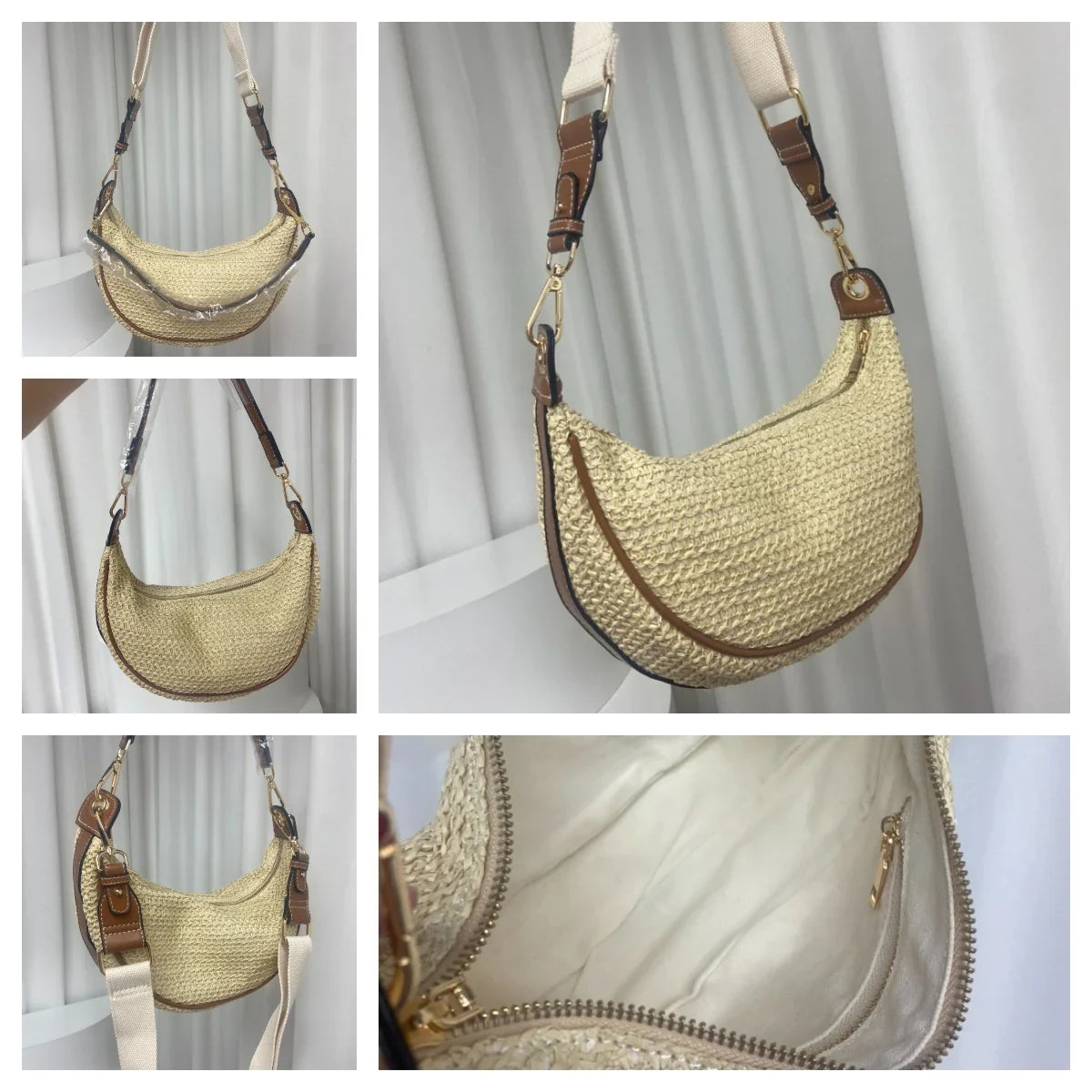 Femlion Half Moon Straw Handbag with Wide Strap - Trendy Summer Beach Crossbody Bag