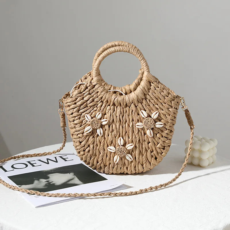 Femlion Retro One-Shoulder Straw Bag - Beach Resort Half-Round Hand-Woven Shell Bag