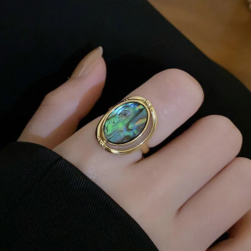 Femlion White & Abalone Shell Rotating Charm Ring for Women