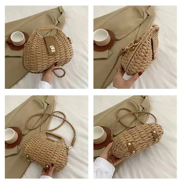 Femlion Shell Straw Crossbody Bag for Women's Beach Holiday Handheld Fashion Straw Woven Shell Bag