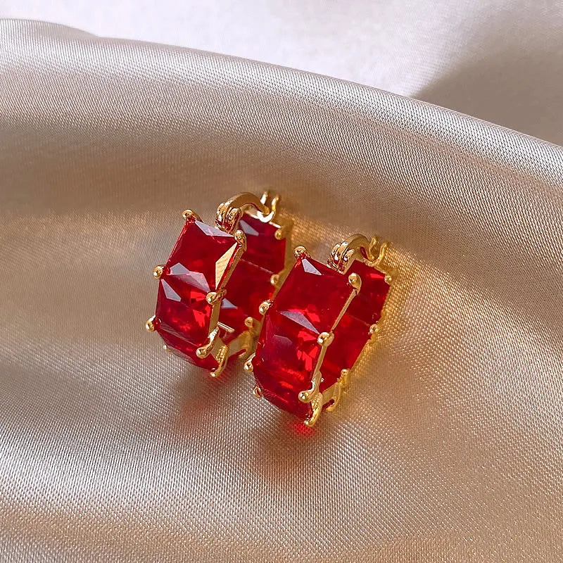 Femlion Red Crystal Zircon Square Hoop Earrings - 2024 Fashion Jewelry