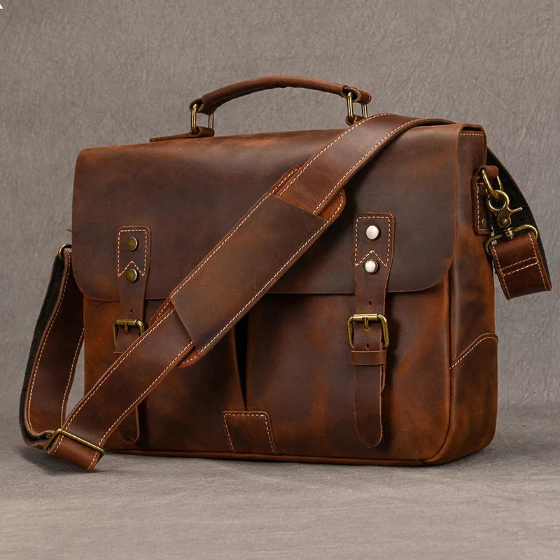 Femlion Men's Genuine Leather Briefcase A4 Laptop Shoulder Bag Business Handbag