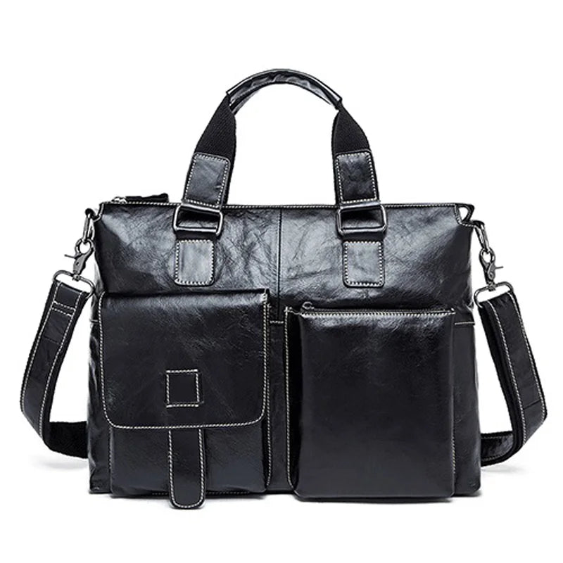 Femlion Black Leather Laptop Briefcase Shoulder Handbag for Men