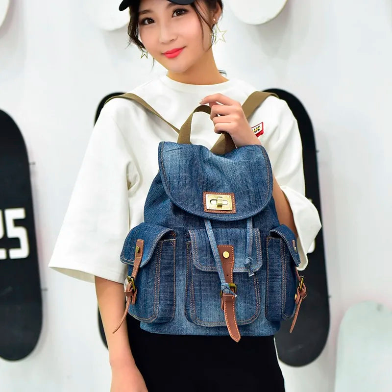 Femlion Denim Rucksack Drawstring Backpack for College Girls