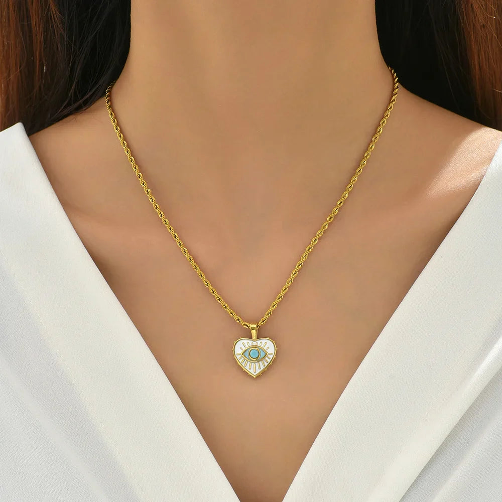 Femlion White Enamel Leaf Heart Evil Eyes Pendant Gold Necklace