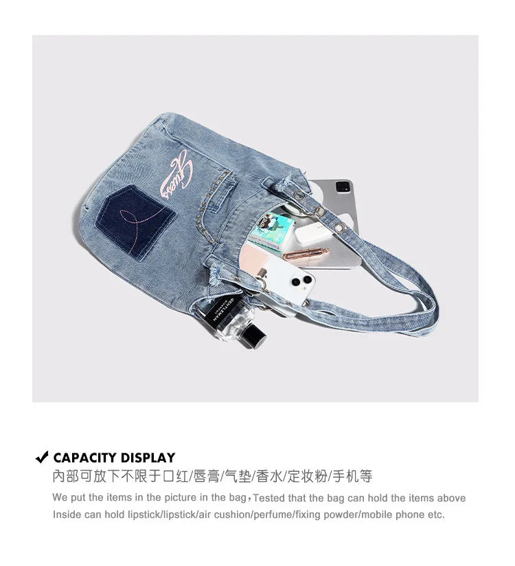 Femlion Washed Denim Underarm Bag: Retro Patchwork Shoulder Bag for Stylish Women