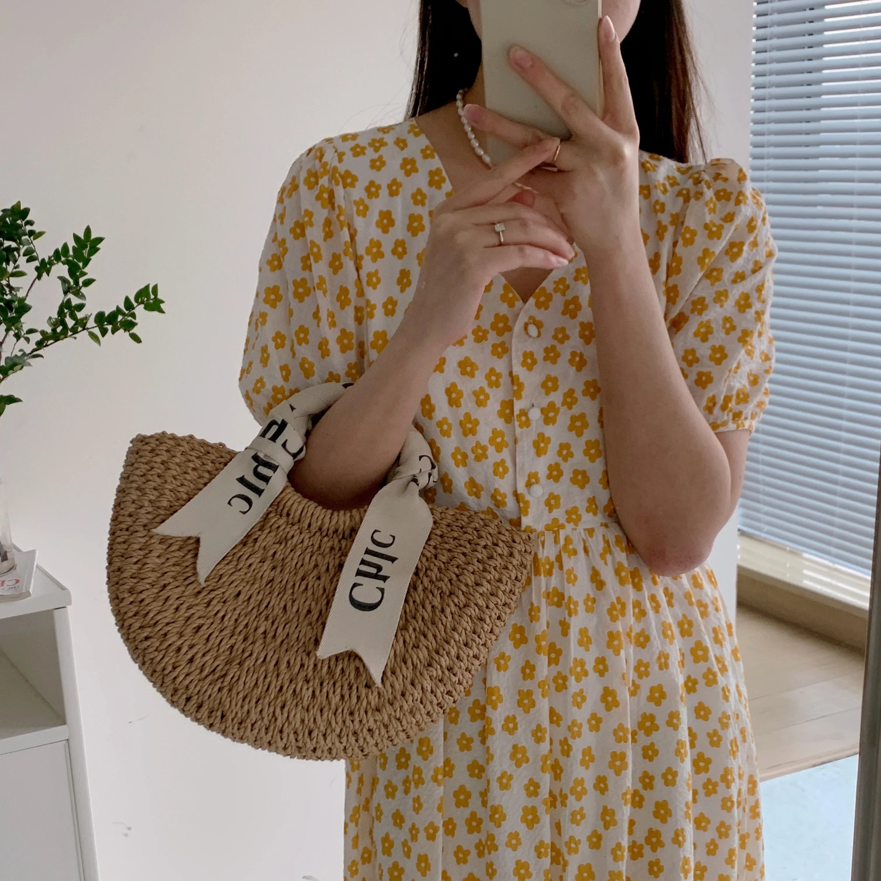 Femlion Straw Bag: Woven Silk Scarf Beach Vacation Rattan Bag