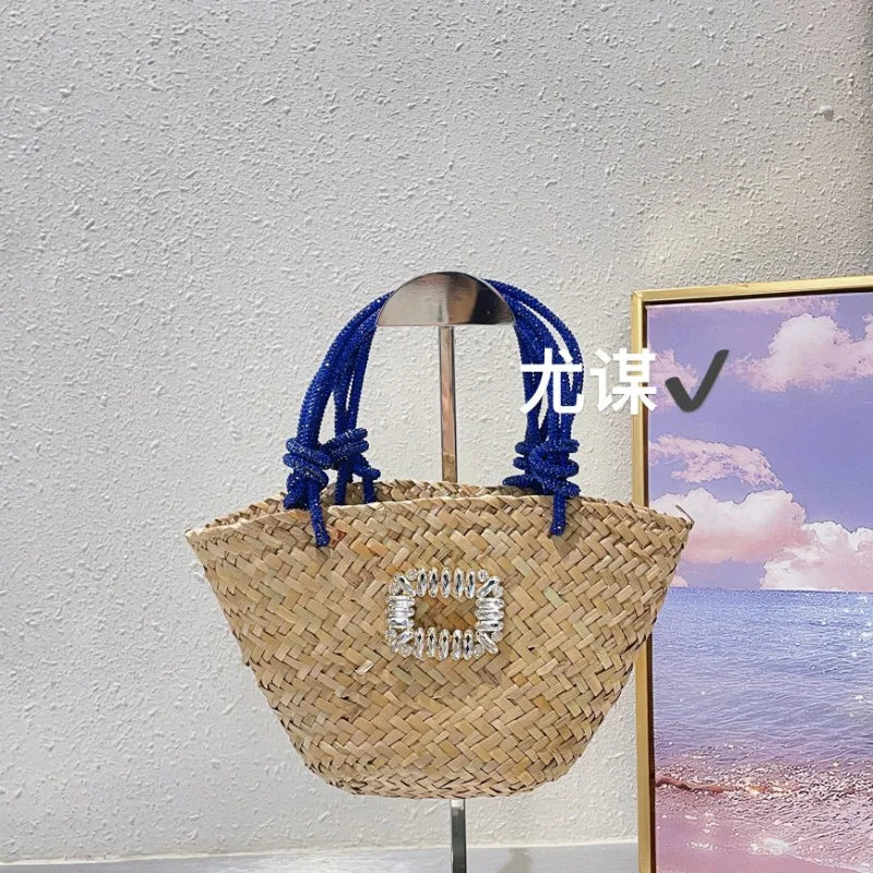 Femlion Handmade Woven Grass Beach Bag with Diamond Shining for Summer Travel