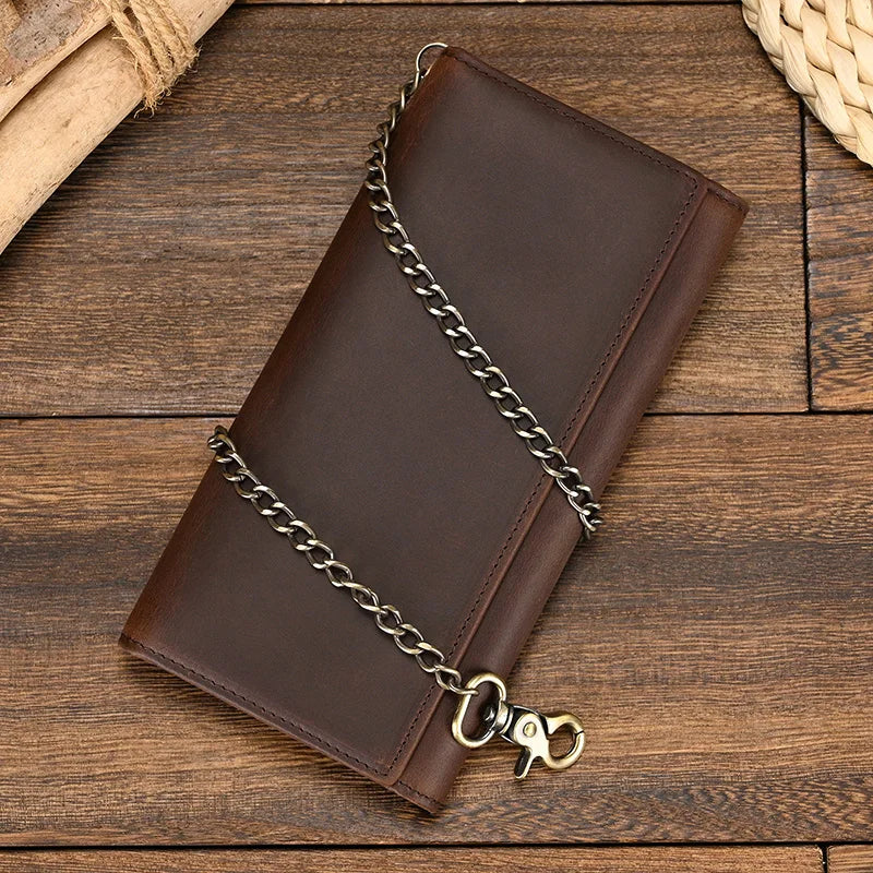 Femlion Men's Leather Wallet with Iron Chain - Premium Quality Male Fashion Long Clip Purse