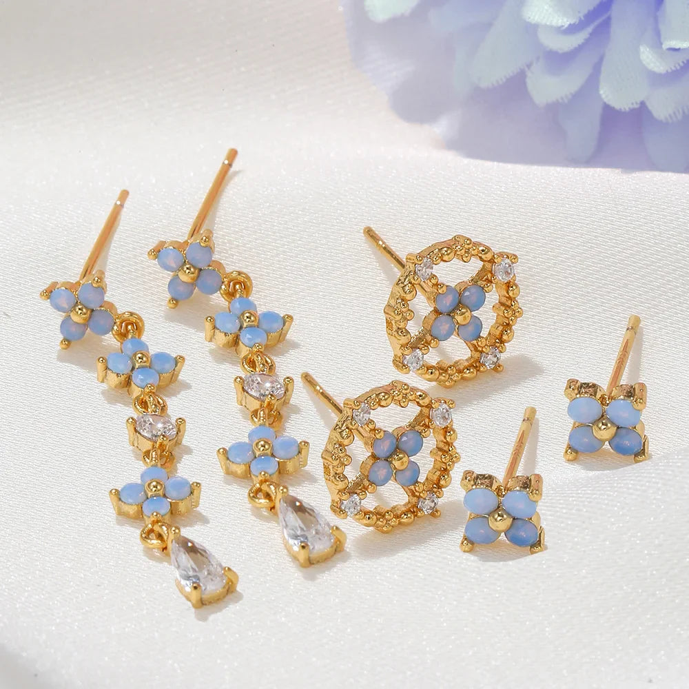 Femlion CZ Blue Flower Chain Earrings: Trendy Zircon Studs for Women