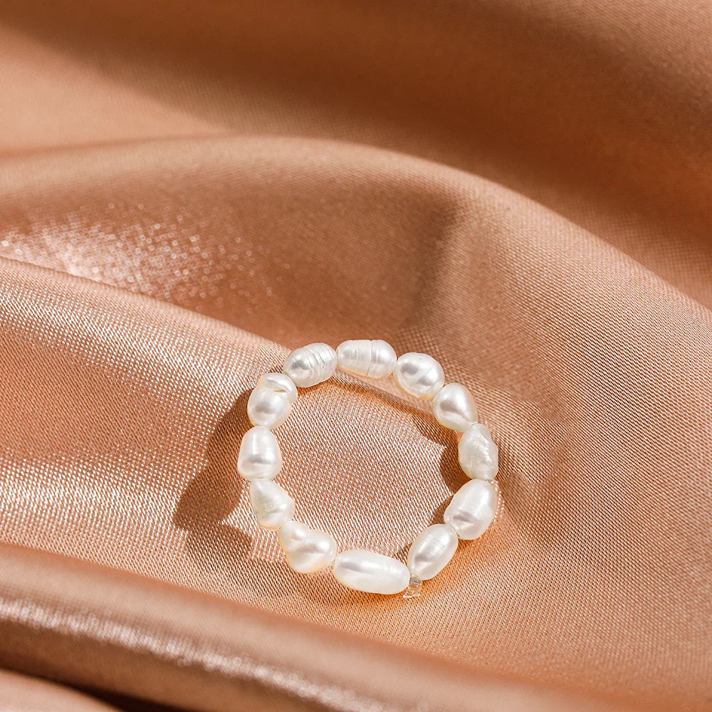 Femlion Freshwater Pearl Beaded Elastic Rings for Women Elegantly Minimalist Jewelry