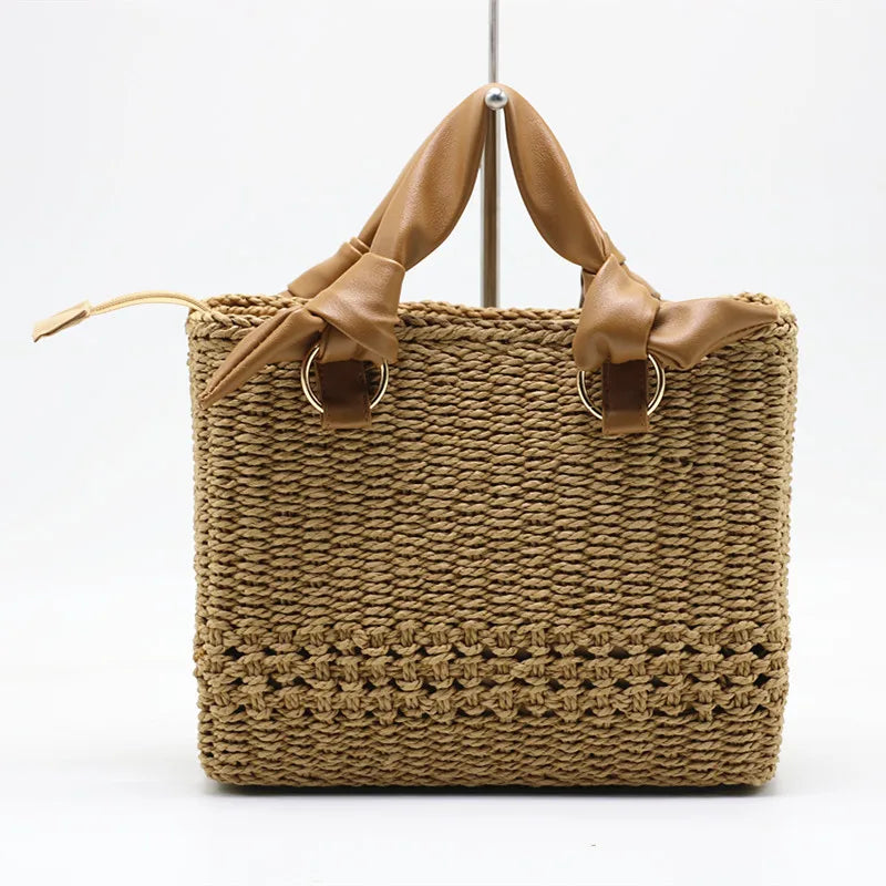 Femlion Square Grass Woven Women's Handbag for Leisure and Travel