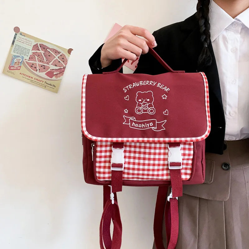 Femlion Plaid Embroidery Bear School Uniform Crossbody Bag