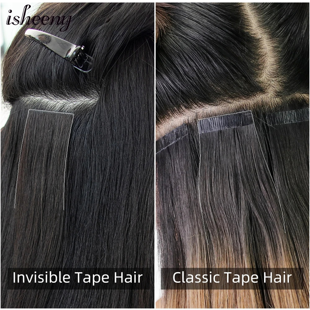 Femlion 12" 16" 20" PU Skin Weft Invisible Tape Hair Extensions, Natural Straight Remy Human Hair