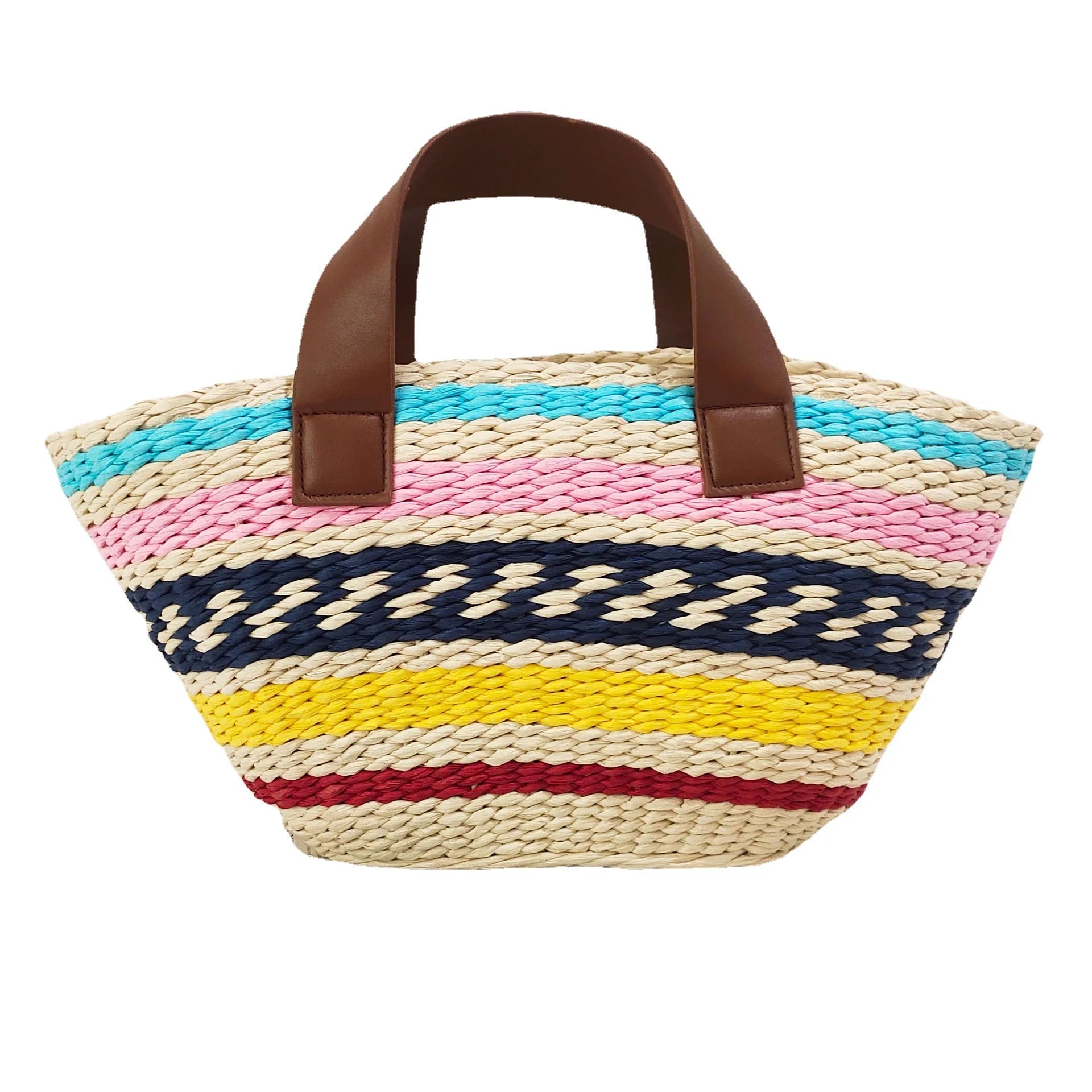 Femlion Boho Straw Woven Beach Bag with Color Contrast Stripes