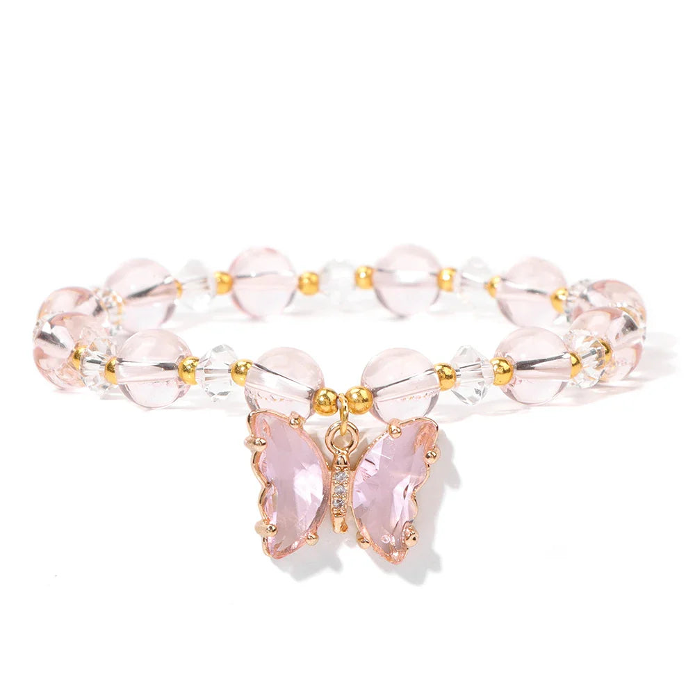 Femlion Glass Beads Charm Bracelet - Handmade Crystal Butterfly Bangle