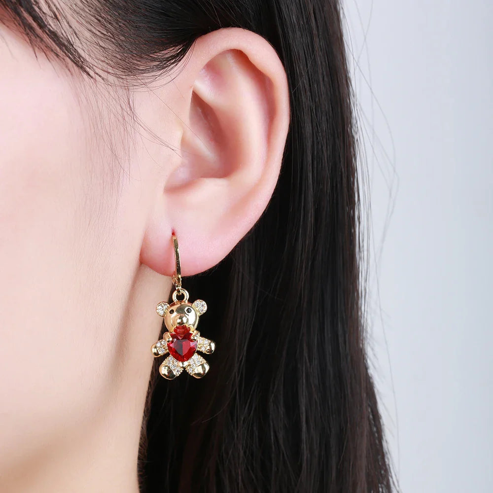 Cute Animal Teddy Bear Crystal Ear Clasp Earrings by Femlion, High Quality & Creative Fashion Jewelry