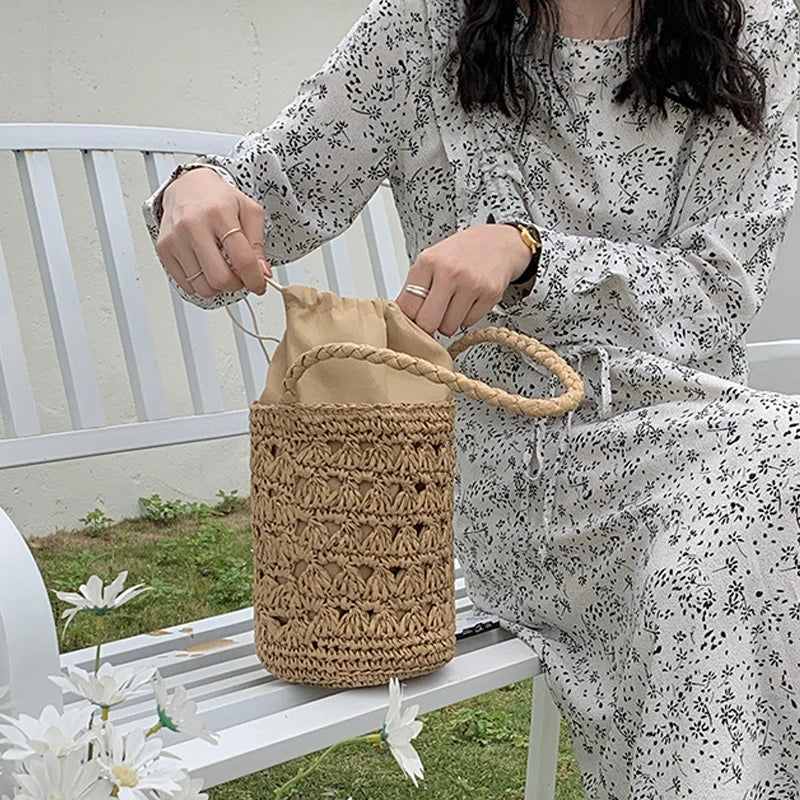 Femlion Straw Woven Bag: 2022 Summer Hand Woven Hollow Bucket Rattan Bag for Women