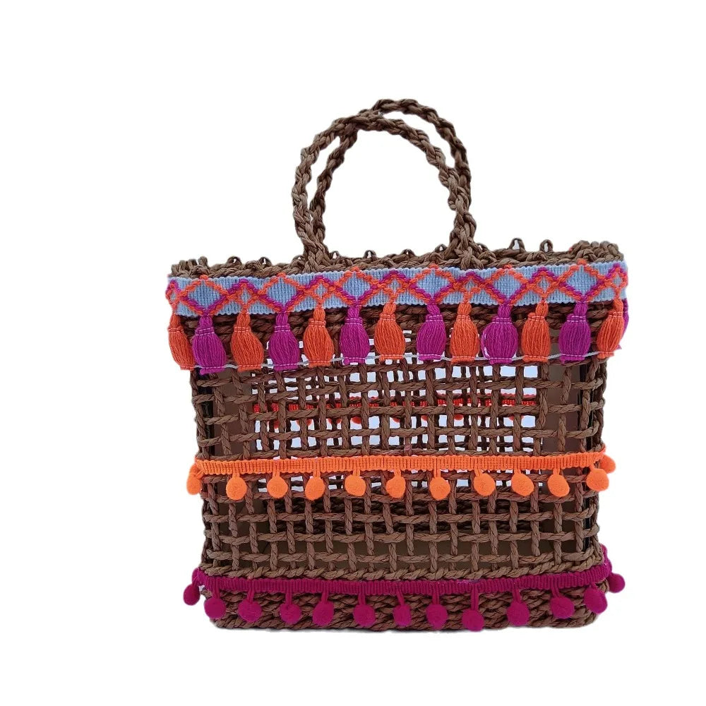 Femlion Hollow Grass Woven Bag with Wool Ball and Colorful Tassel, Ethnic Style Women's Bag