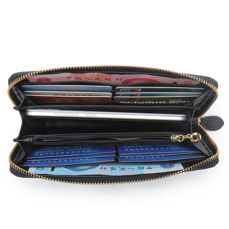 Femlion Genuine Leather Braided Long Wallet for Men and Women