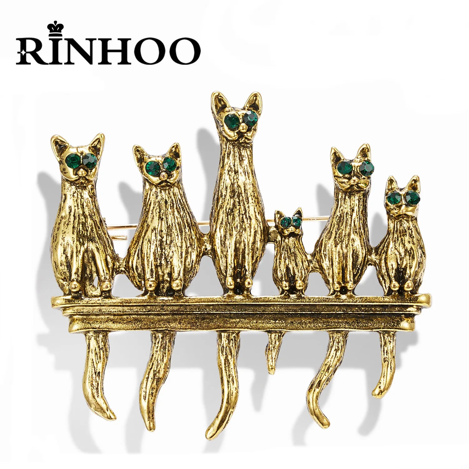 Femlion Vintage Green Rhinestone Cat Brooches - Set of 6 Cute Cats Enamel Pins