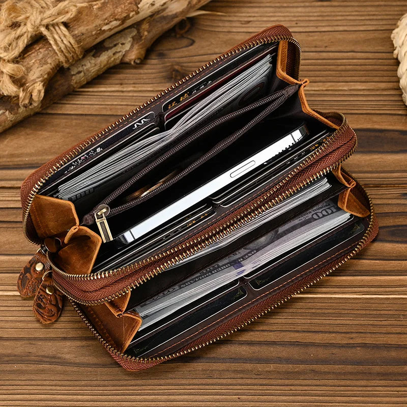 Femlion Genuine Leather Double Zip Clutch Wallet for Men Women