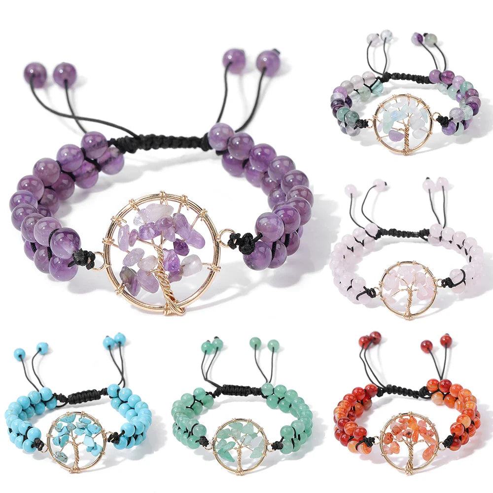 Femlion Tree Charm Stone Bracelet - Polished Beads Bangle for Men and Women