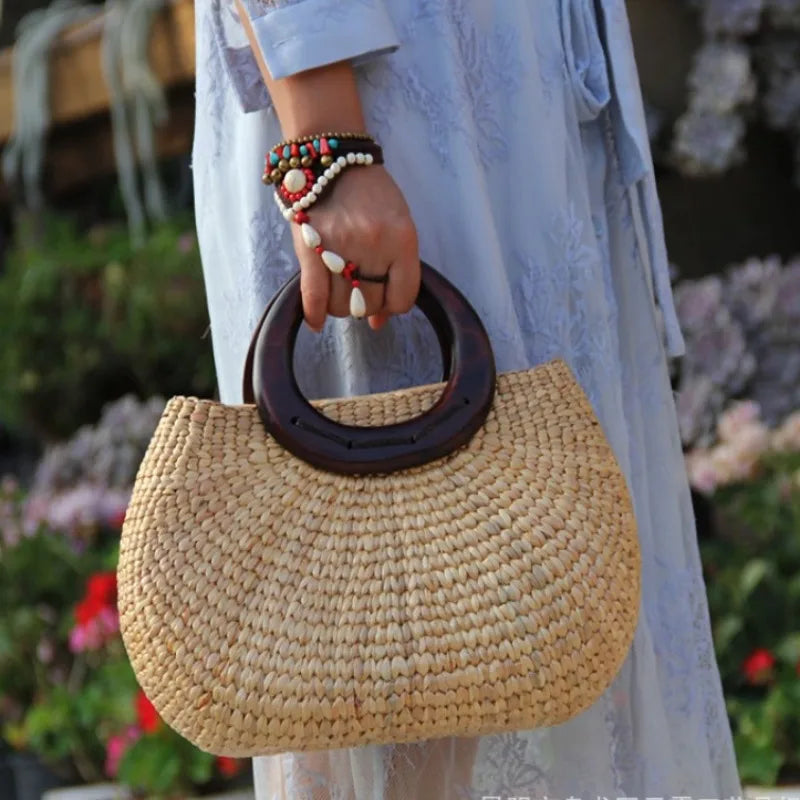 Femlion Summer Grass Woven Women's Handbag - Small, Fresh & Stylish Wood Handle Bag