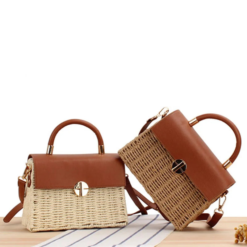 Femlion Straw Woven Messenger Bag with Leather Detailing