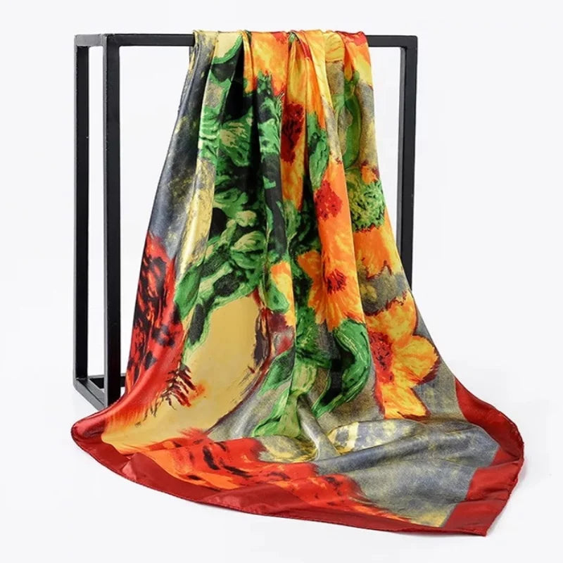 Femlion Silk Scarf 2022 Fashion Print Square Shawl Luxury Bandanna 90x90cm