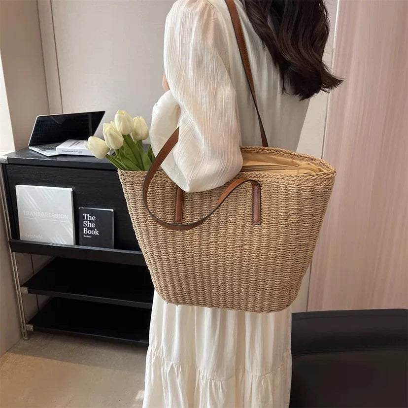 Femlion Straw Basket Bag: Handmade Woven Shoulder Tote for Summer Beach & Shopping