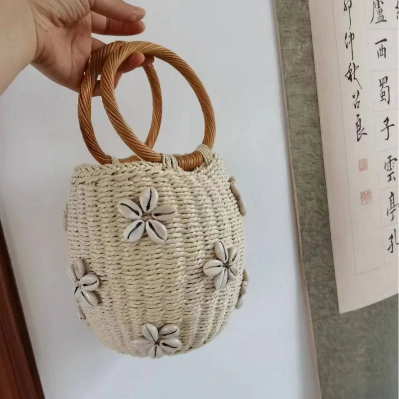 Femlion Shell Flower Vine Handle Woven Bag - Artistic Style Handheld Grass Woven Purse