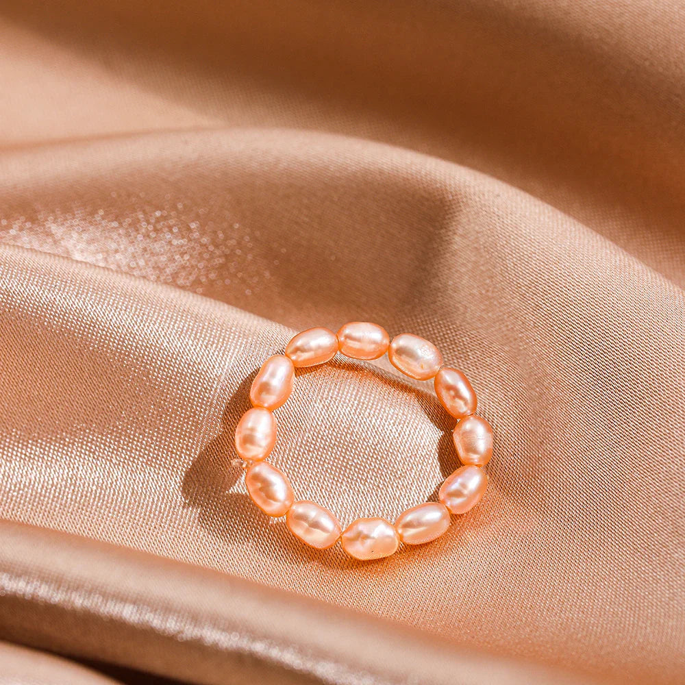 Femlion Freshwater Pearl Beaded Elastic Rings for Women Elegantly Minimalist Jewelry