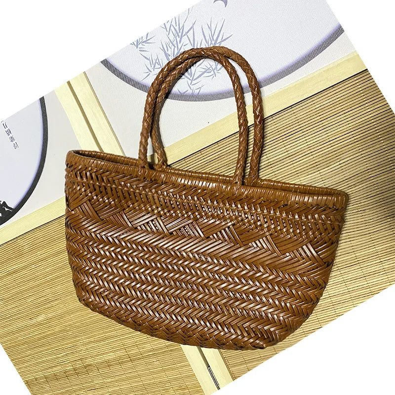 Femlion Leather Handmade Woven Vegetable Basket Women's Handbag