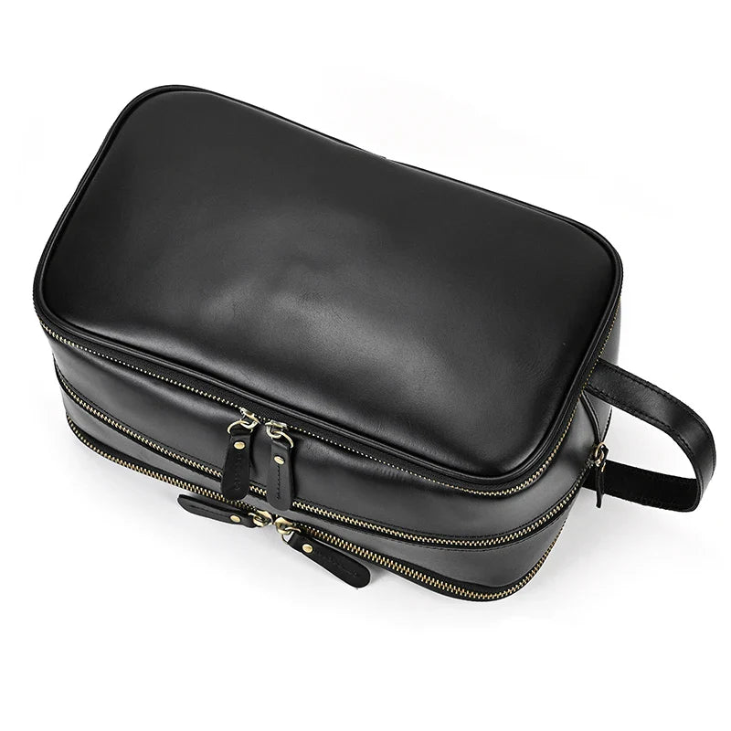 Femlion Black Leather Toiletry Travel Bag for Luxury Style Storage