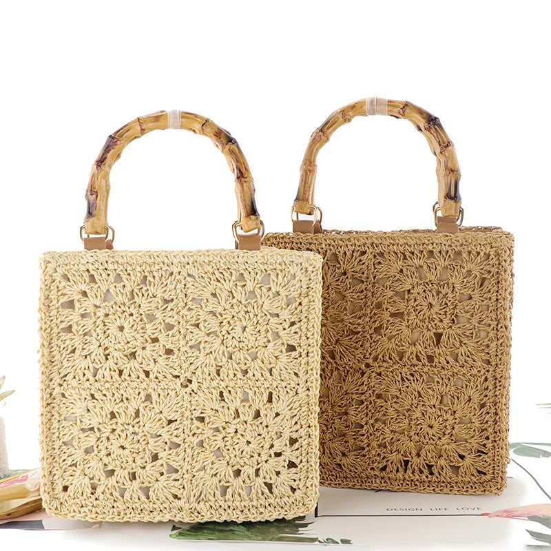 Femlion Bamboo Handle Straw Woven Bag Small Fresh Beach Bag Women's Fashion