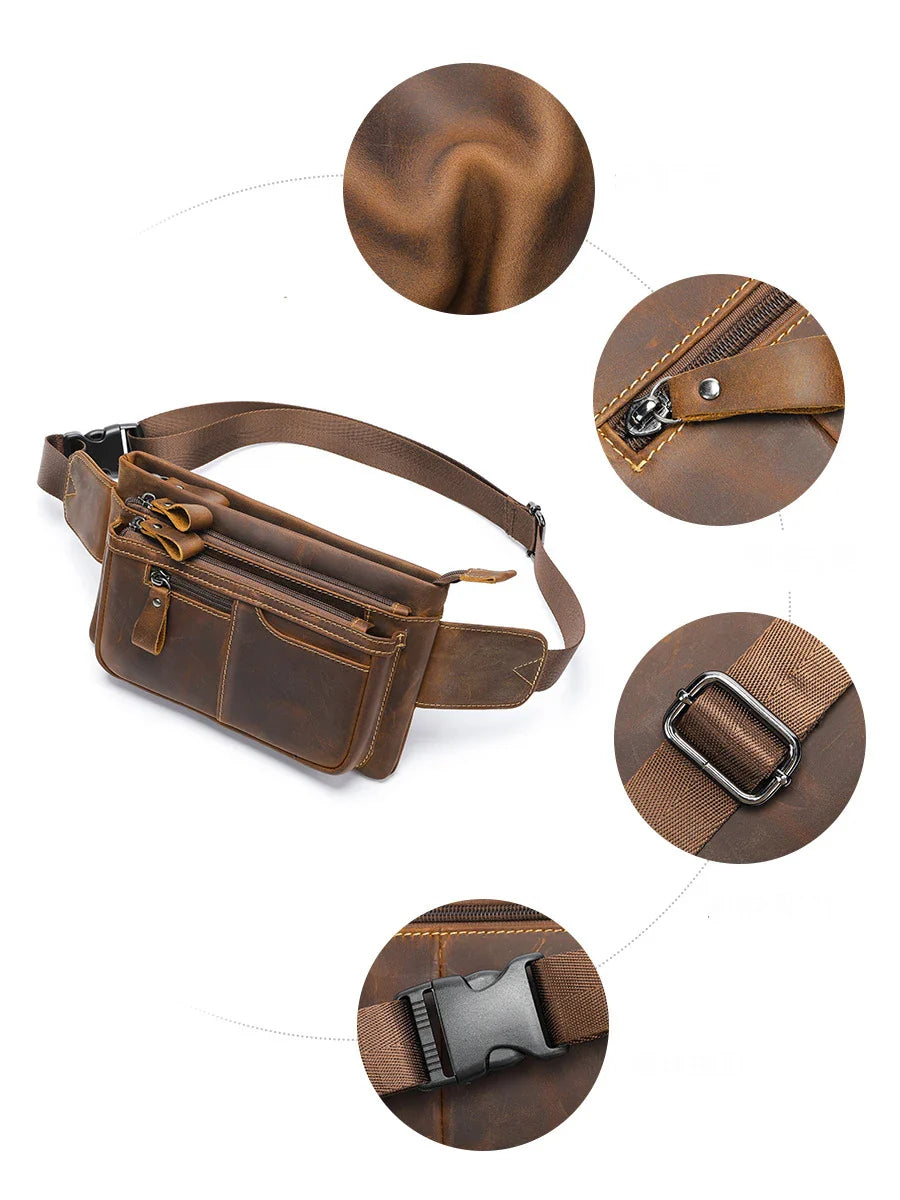 Femlion Genuine Leather Men's Waist Bag Crossbody Fanny Pack