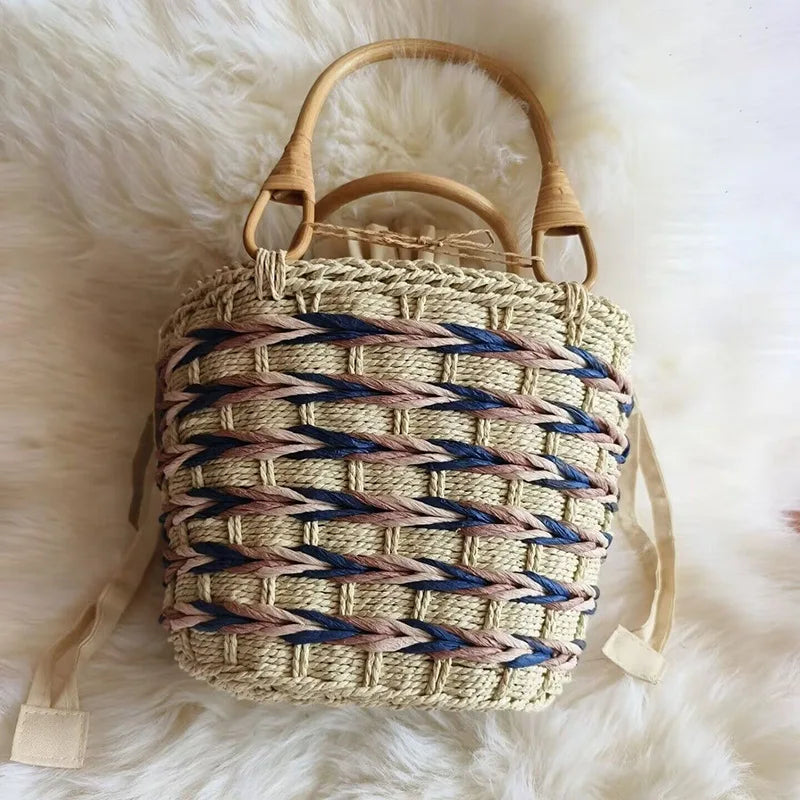 Femlion Bamboo Rattan Handbag with Woven Handle and Storage Basket