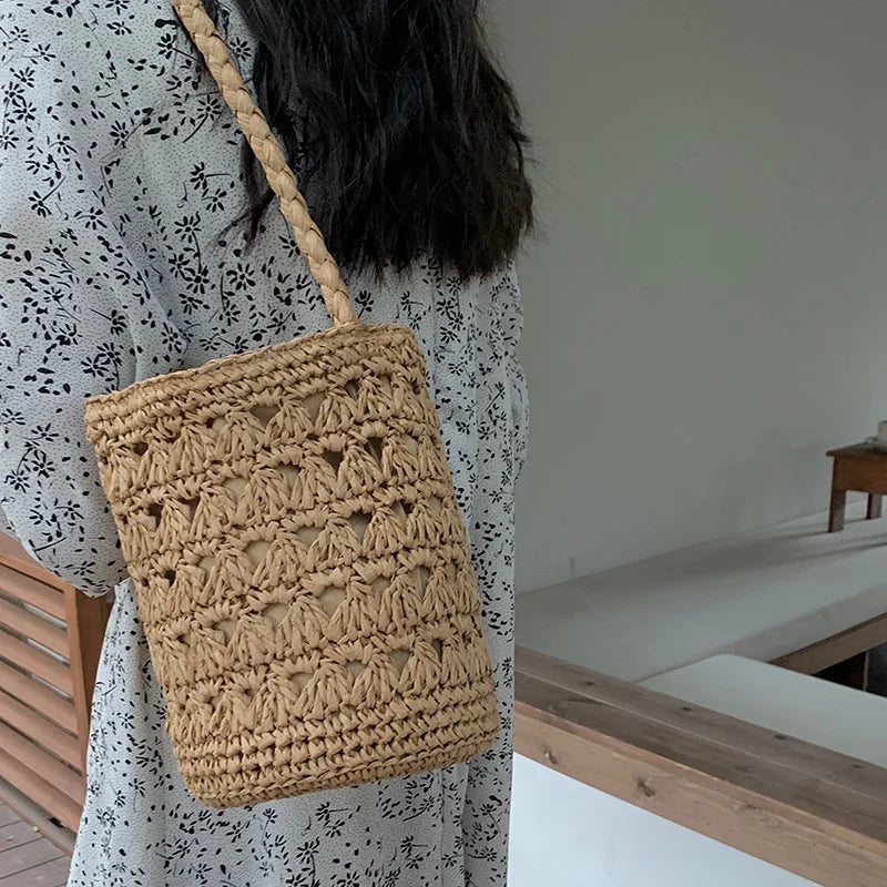 Femlion Straw Woven Bag: 2022 Summer Hand Woven Hollow Bucket Rattan Bag for Women