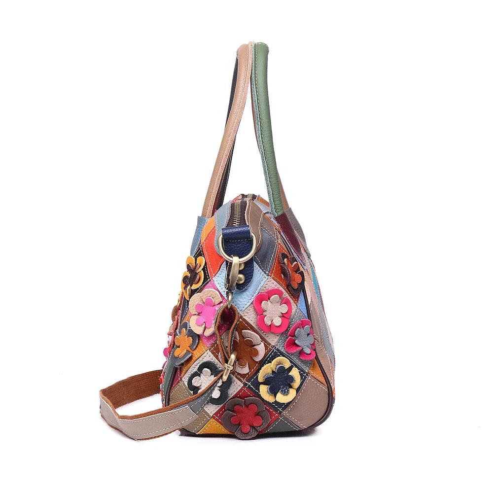 Femlion Multicolor Leather Tote Bag | Genuine Leather Flower Shoulder Crossbody Bag