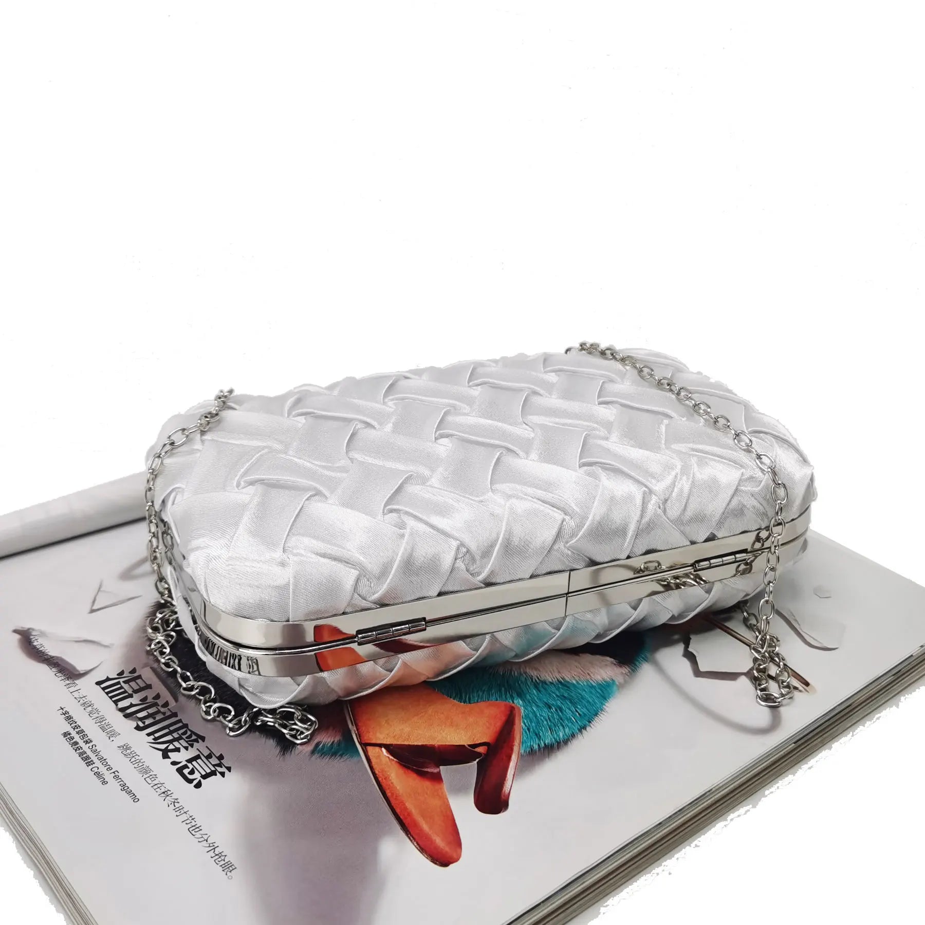 Femlion Silver Woven Clutch: Chic Evening Bag for Women - Wedding & Party Accessory