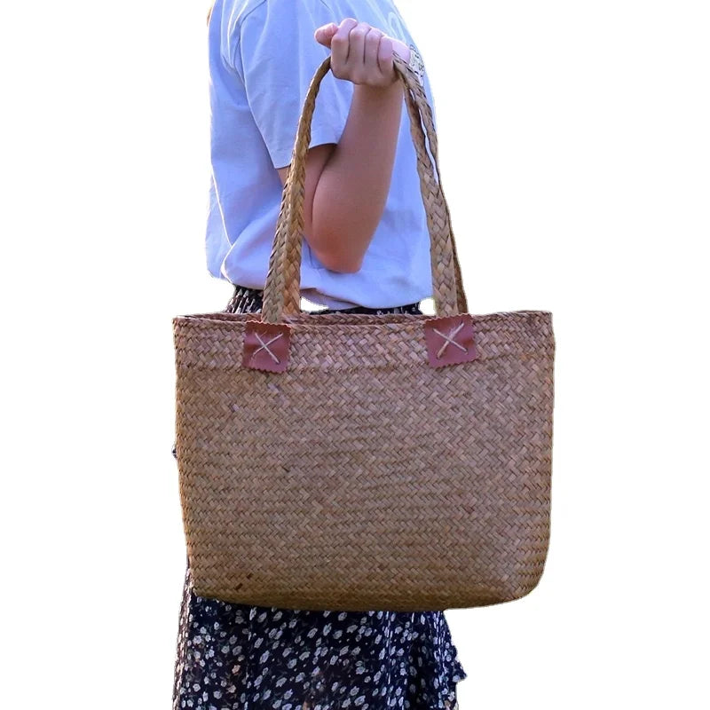 Femlion Japanese Straw Beach Bag for Women, Artistic and Literary Woven Shoulder Bag