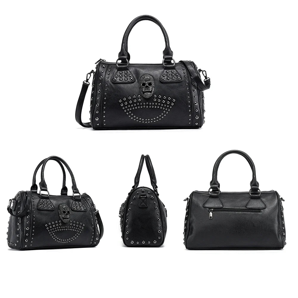 Femlion Skull Rivet Boston Bag Black Handbag Luxury Pu Leather Crossbody Tote