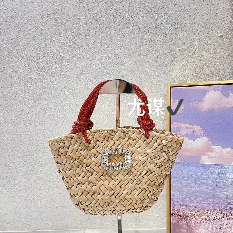 Femlion Handmade Woven Grass Beach Bag with Diamond Shining for Summer Travel