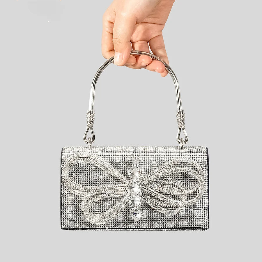 Femlion Rhinestone Bow Evening Bag Luxury Designer Crossbody Chain Party Purse