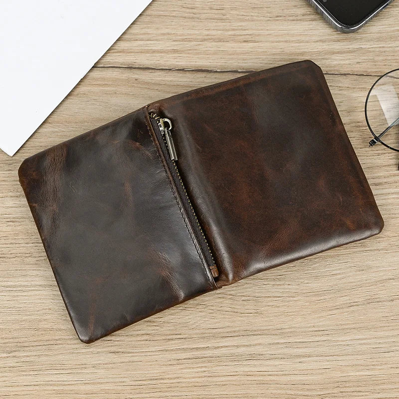 Femlion Genuine Leather Men's Zipper Wallet Short Bifold Coins Holder Card Purse