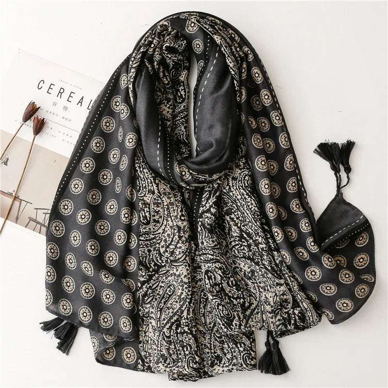 Femlion Spotted Leopard Print Tassel Scarf Shawls - Soft Linen Cotton Luxury Foulard Femme